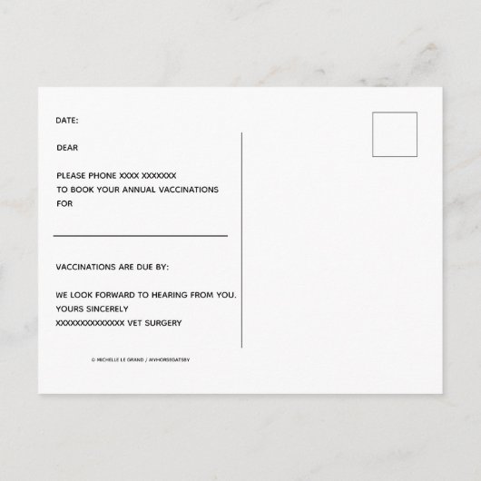 獣医の外科の馬の予防接種のアラーム ポストカード (裏面)