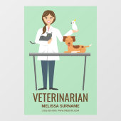 獣医の女性と動物オングリーン&文字 ウィンドウサイン (シート)