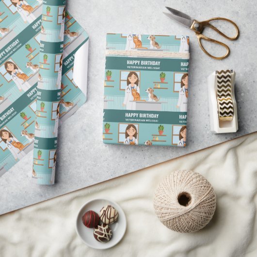 獣医の女性獣医ペットドクター誕生日 カスタム ラッピングペーパー (クラフト)