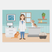 獣医の女性 獣医の女の子 動物のお医者さん ブルー ラッピングペーパーシート (正面2)