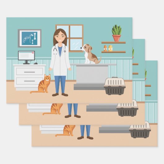 獣医の女性 獣医の女の子 動物のお医者さん ブルー ラッピングペーパーシート (セット)