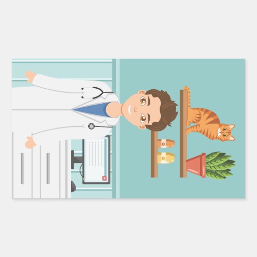 獣医の獣医さん猫とラボコートを着ている男 長方形シール (正面)