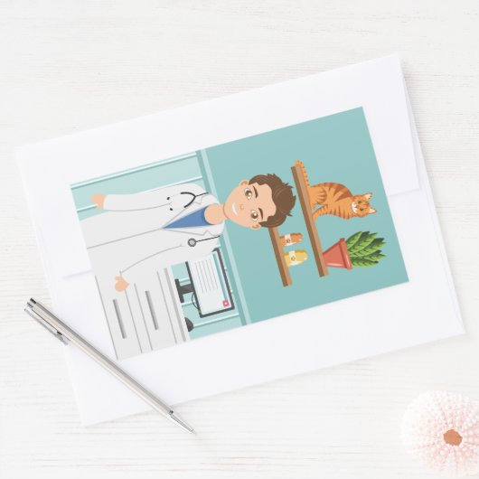 獣医の獣医さん猫とラボコートを着ている男 長方形シール (封筒)