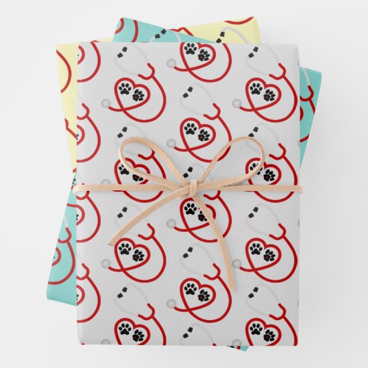 獣医の足跡と聴診器 ラッピングペーパーシート (インサイチュ)