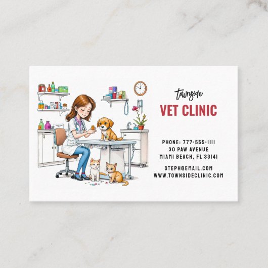 獣医アニマルクリニックかわいい女の子の子犬と猫 名刺 (正面)