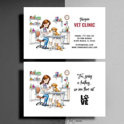 獣医アニマルクリニックかわいい女の子の子犬と猫 名刺