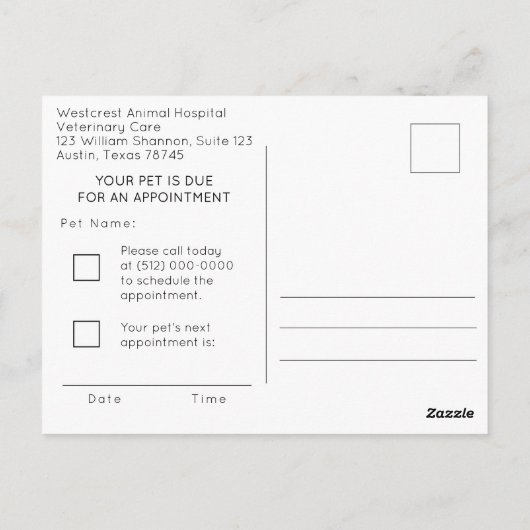 獣医アポイントメントのアラーム ポストカード (裏面)