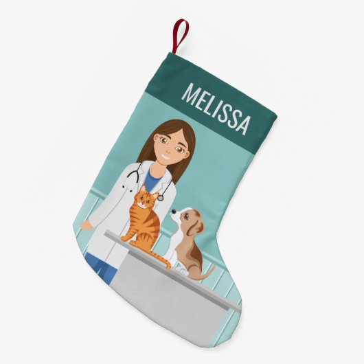 獣医ウーマンベットアニマルドクター名前をカスタムする スモールクリスマスストッキング (正面 (吊り時))