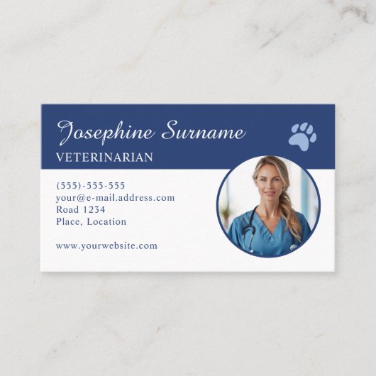 獣医カスタム写真テンプレートと青いポー 名刺 (正面)