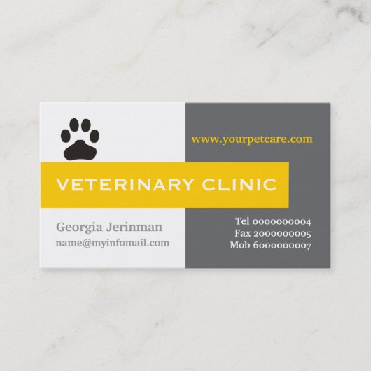 獣医クリニック、前足の黄色の目を引く 名刺 (正面)