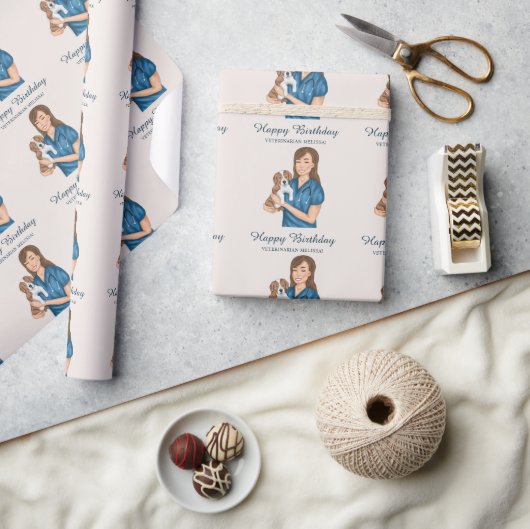 獣医ドクター獣医の獣医と子犬誕生日 ラッピングペーパー (クラフト)