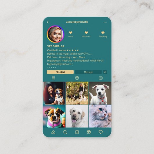 獣医ペットケア獣医インスタグラムティール（緑がかった色） 名刺 (正面)