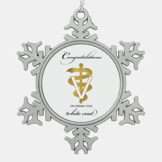 獣医ホワイトコート式おめでとうございます スノーフレークピューターオーナメント (正面)