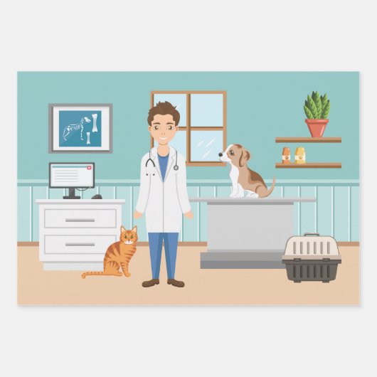 獣医マンベットガイ動物ペットドクターブルー ラッピングペーパーシート (正面)