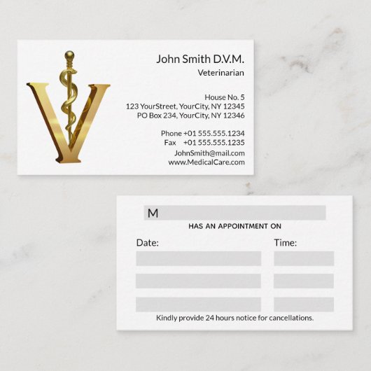 獣医学アスレピウス獣医金ゴールドV エレガント 予約カード (正面/裏面)
