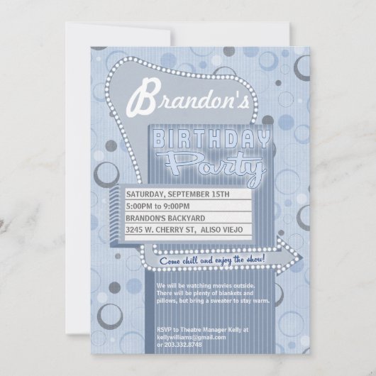 玄関ひさしの映画パーティの招待状のレトロドライブ 招待状 (正面)