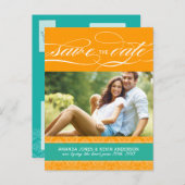 玉とオレンジのダマスク日付を保存 案内ポストカード (正面/裏面)