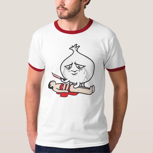 玉ねぎおもしろい泣き叫び、人間を切る Tシャツ (正面)