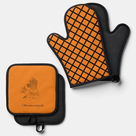 玉ねぎとニンニクのキッチンオレンジ 鍋つかみ&鍋敷きセット (正面/裏面)