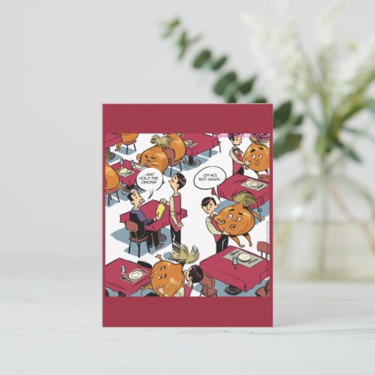 玉ねぎを持ってグルメをおもしろい頼む ポストカード (スタンド正面)