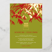 玉グリーン&レッド禅葉竹中国の結婚ズ 箔招待状 (正面)
