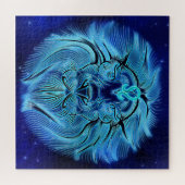 王になる、ライオン、青、〔占星術の〕十二宮図のサインjigsaw puz ジグソーパズル (横)