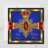 王または女王 ロイヤル ブルー レッド バースデー パーティー 2 招待状 (正面)