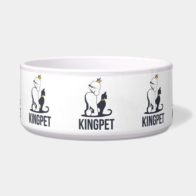 王ペット ボウル (A white pet bowl with the words "KINGPET" and a cartoon of a dog and cat wearing crowns. )