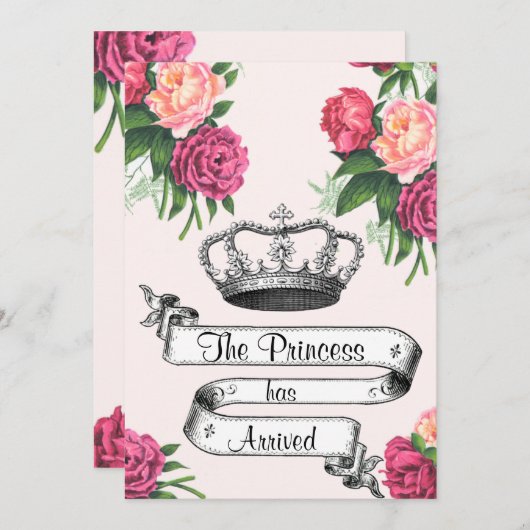 王冠およびバラのプリンセスは誕生Announcemnt着きました 案内状 (正面/裏面)