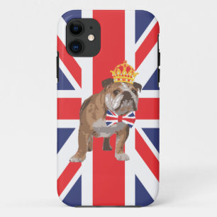 王冠および英国国旗のちょうネクタイを持つ英国のブルドッグ iPhone 11 ケース