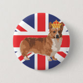 王冠および英国国旗を持つ女王のコーギー 缶バッジ (正面)
