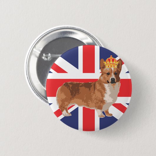王冠および英国国旗を持つ女王のコーギー 缶バッジ (正面&裏面)