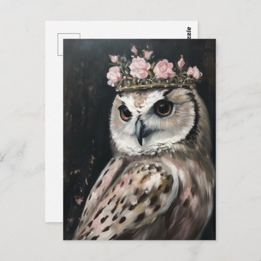 王冠とピンクのバラを持つフクロウ ポストカード (正面/裏面)