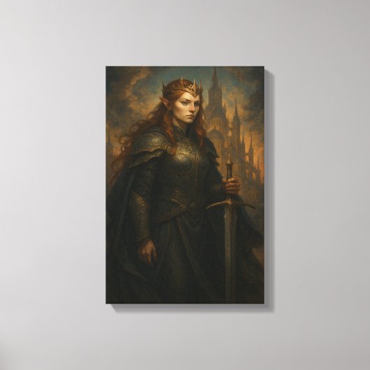 王冠と剣で鎧をまとったエルフの戦士の女王 キャンバスプリント (正面)