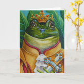 王冠と剣の水彩美術を持つカエルの王子様 カード (黄色い花)