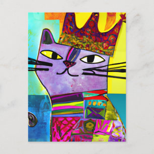 王冠に紫色の猫が入った混合メディアコラージュ ポストカード