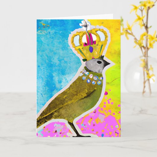 王冠に飾られたゴージャスなカラフル鳥 カード (黄色い花)