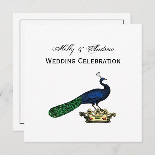 王冠の上の紋章風 ヴィンテージ スタイルの孔雀 招待状 (正面/裏面)