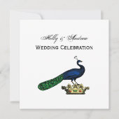 王冠の上の紋章風 ヴィンテージ スタイルの孔雀 招待状 (正面)