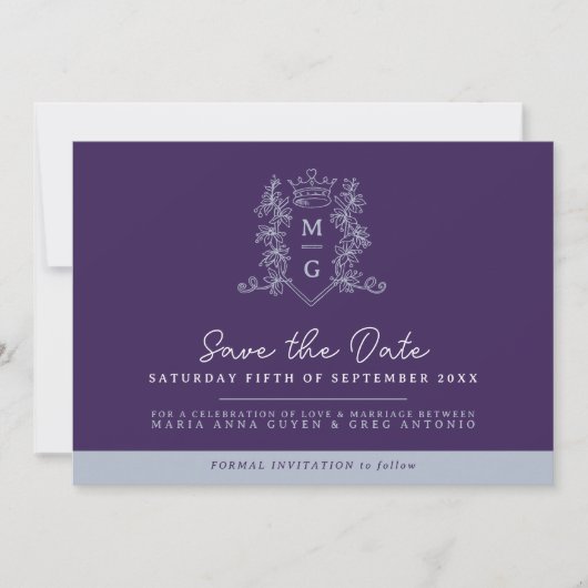 王冠の写真の結婚式は、日付の紫色の灰色を保存 セーブザデート (正面)