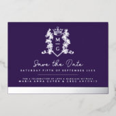 王冠の写真の結婚式は、日付の紫色の銀を保存 箔招待状 (正面)