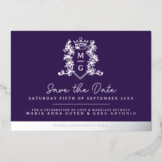 王冠の写真の結婚式は、日付の紫色の銀を保存 箔招待状 (正面)