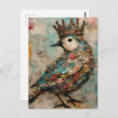 王冠の混合メディアコラージュの鳥 ポストカード (正面/裏面)