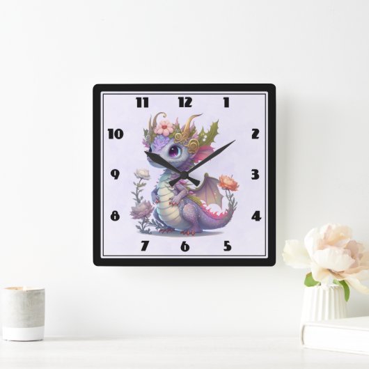 王冠の紫色のドラゴンエレガント スクエア壁時計 (ホーム)