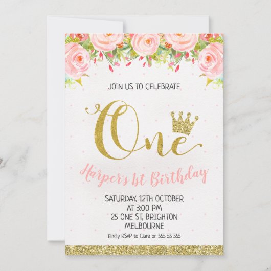 王冠の花のプリンセスの第1誕生日の招待状 招待状 (正面)