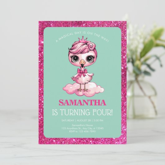 王冠の誕生日を迎えるかわいいフラミンゴ 招待状 (スタンド正面)