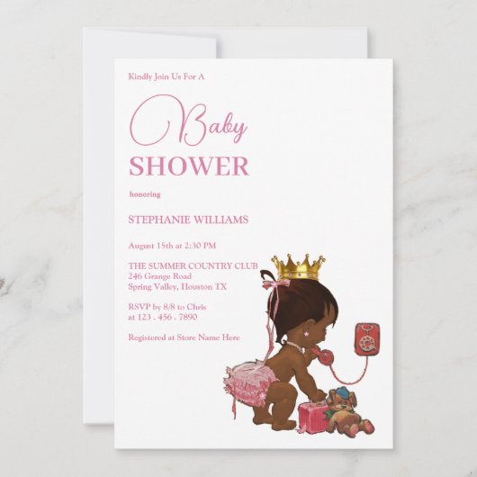 王冠の赤ちゃんシャワーを持つ小さな民族少女 招待状 (正面)
