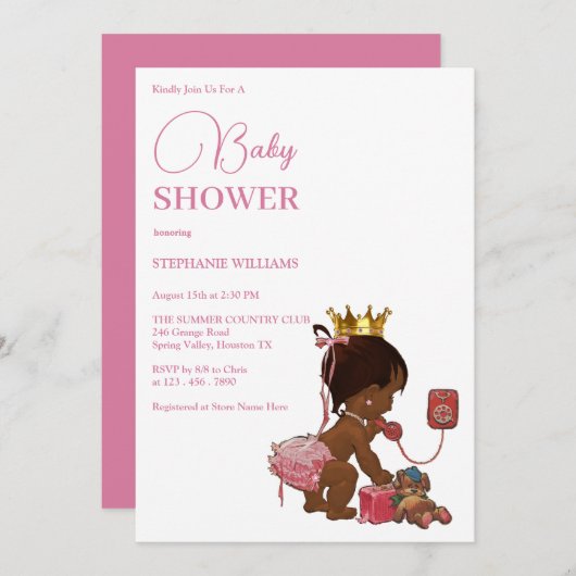王冠の赤ちゃんシャワーを持つ小さな民族少女 招待状 (正面/裏面)