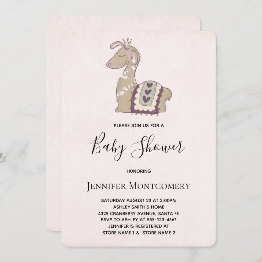 王冠の赤ちゃんシャワーを浴びたかわいいラマ 招待状 (正面/裏面)