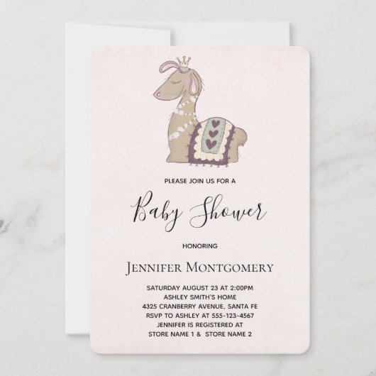 王冠の赤ちゃんシャワーを浴びたかわいいラマ 招待状 (正面)
